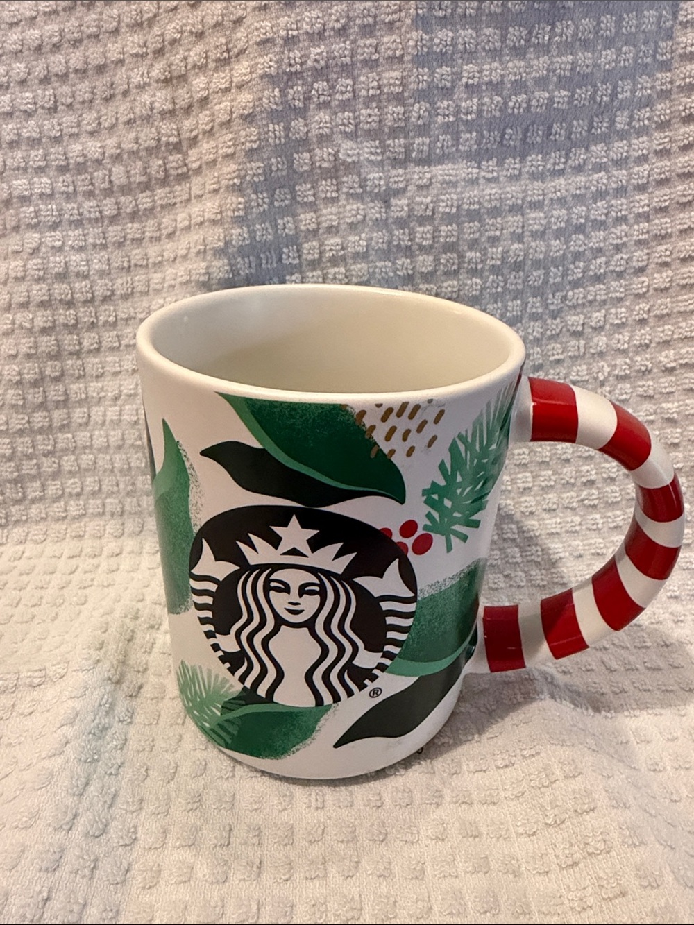 2019 Holiday Starbucks White Mug with Green Leaf Graphics and Red-White